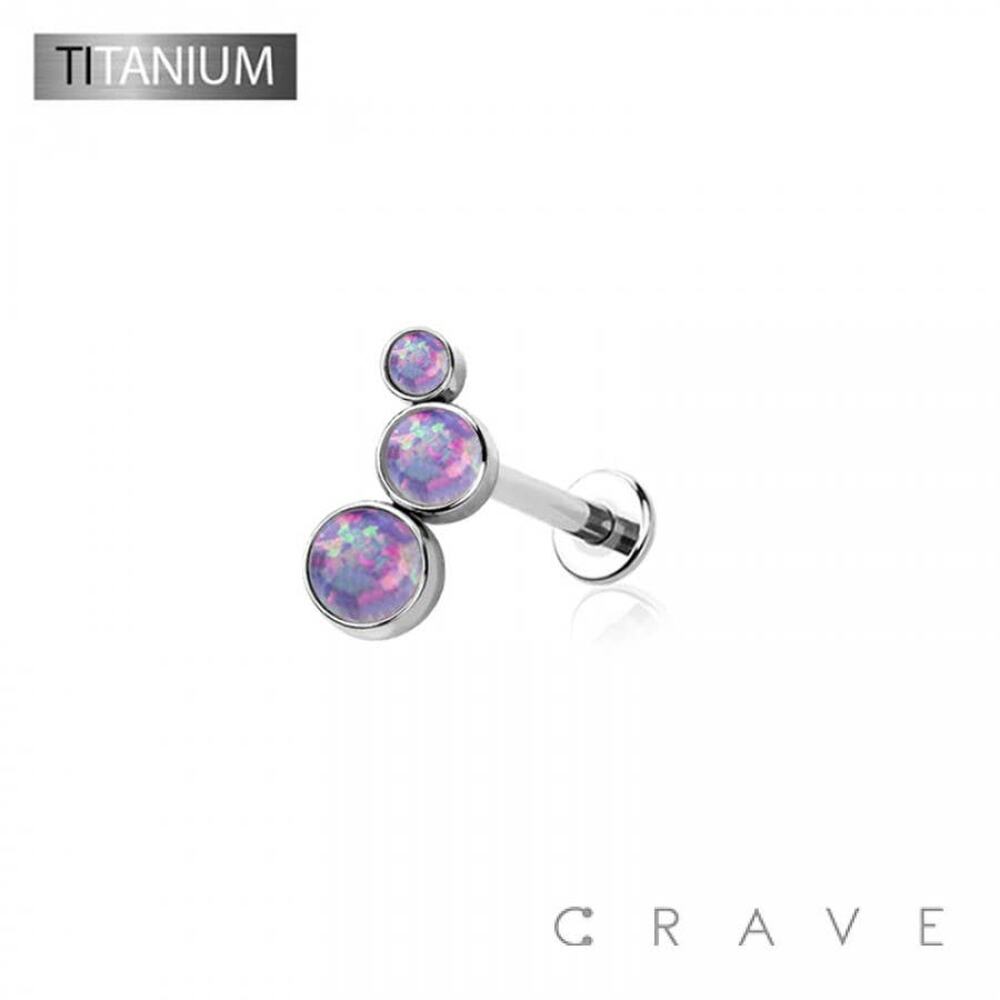 Opal Titanium Threadless (Push In) Round Labret-Silver/Purple